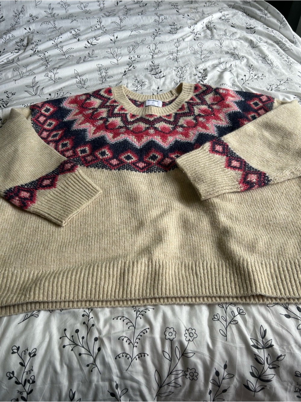 Old Navy Cream Sweater with Pink and Navy Fair Isle Yoke